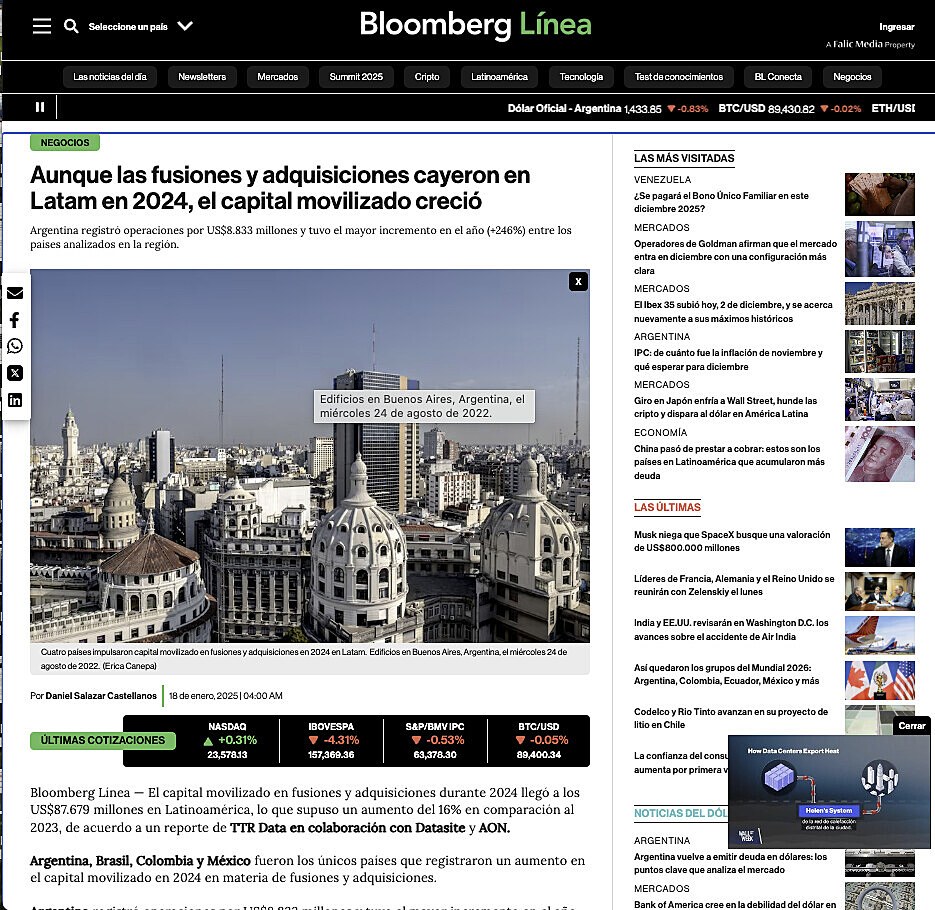 Aunque las fusiones y adquisiciones cayeron en Latam en 2024, el capital movilizado creci�